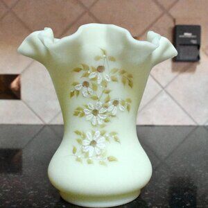 FENTON Glass Flower Vase Matte Green Hand Painted Signed Vintage 48 Years